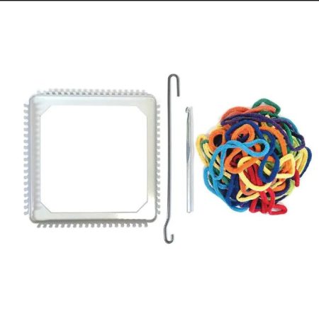 White Potholder next to the included 2 hooks and potholder loops.