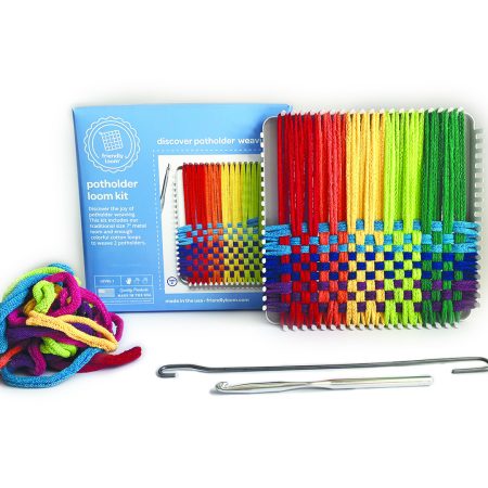 The Potholder loom is shown with a potholder in progres, a pile of loops, the box and hooks the comprise the kit.