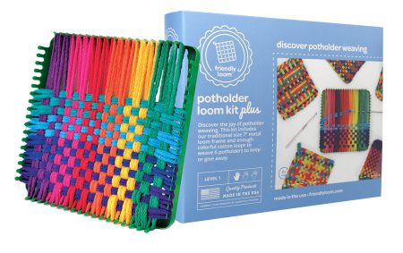 The Potholder Plus loom from Friendly Loop comes with 2 hooks and loops for making potholders.