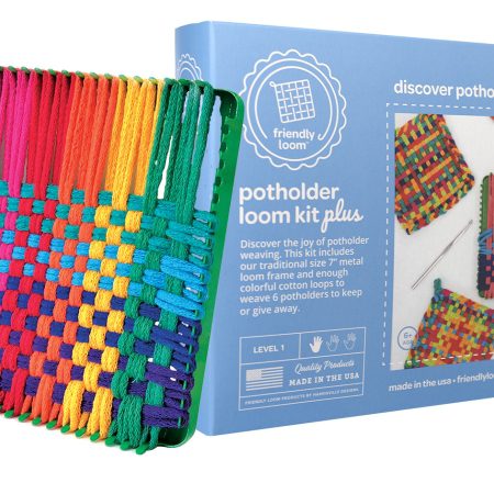 The Potholder Plus loom from Friendly Loop comes with 2 hooks and loops for making potholders.