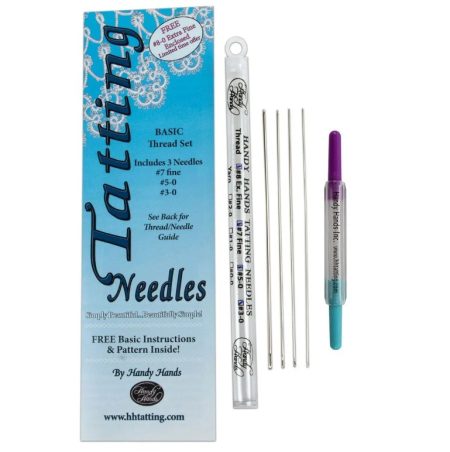 Lace Tatting Needle Set package with the storage tube, 3 needles and threader laid out next to it.